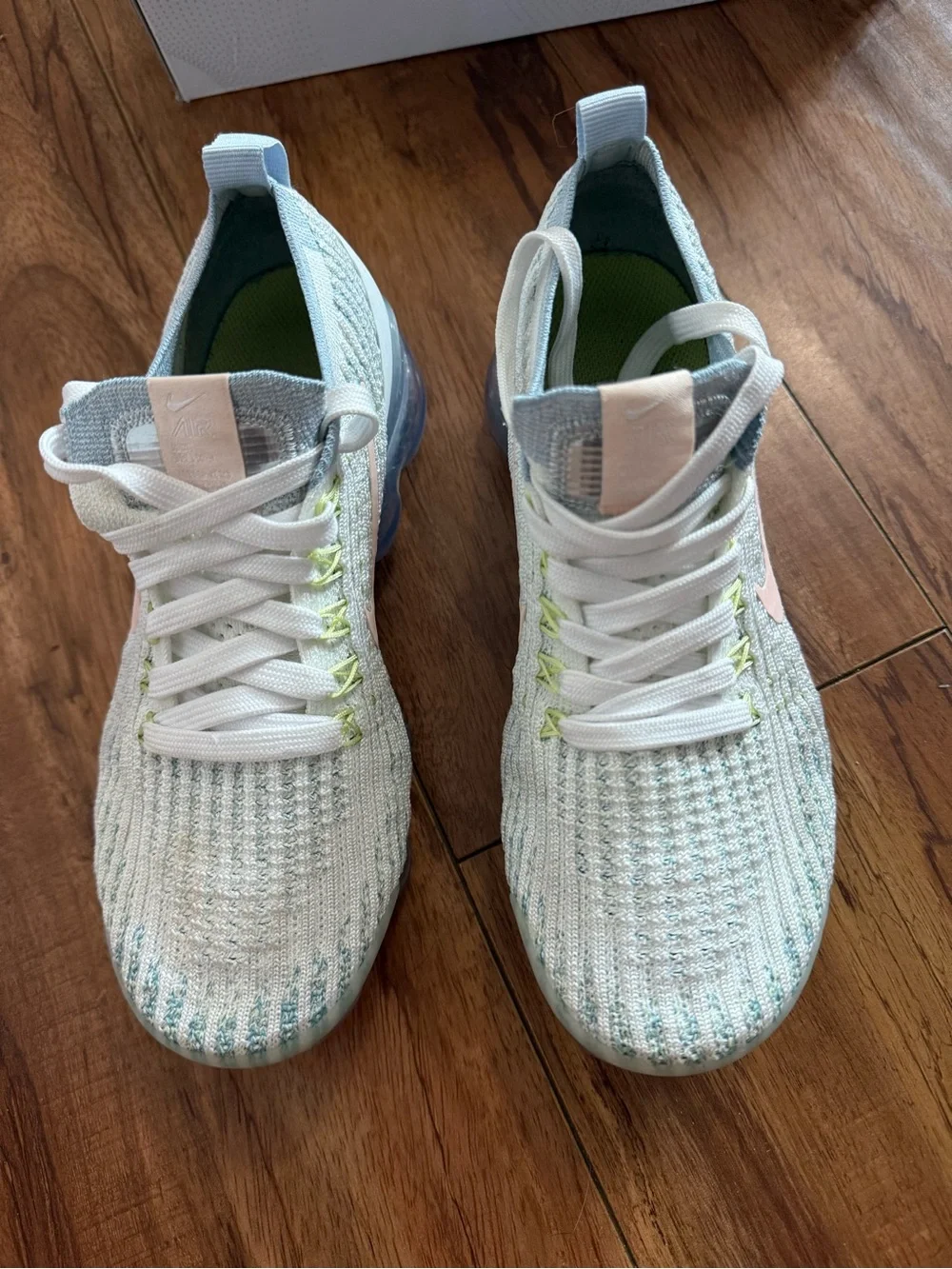Nike VaporMax Flyknit 3 Sneakers in White/Light Blue with Pink Swoosh